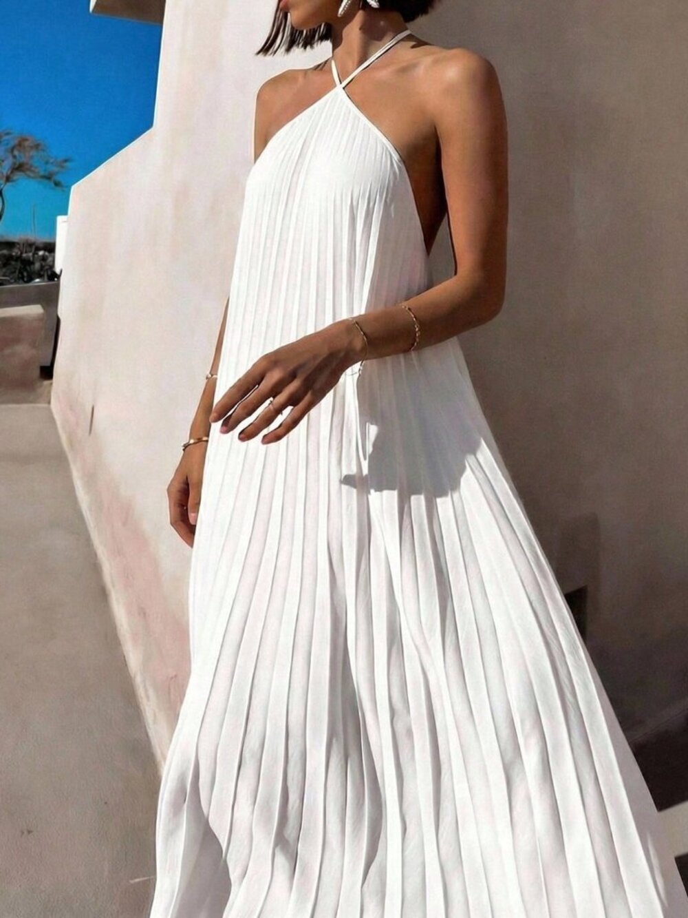 White Elegant Women's Pleated Halter Neck Maxi Dress